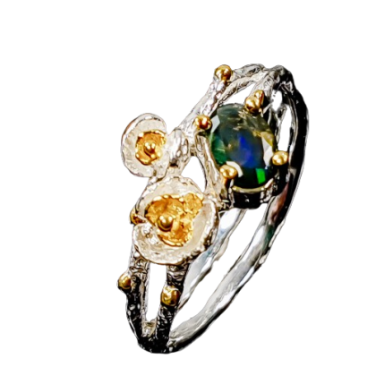 Inel argint 925 floral cu opal negru, 8