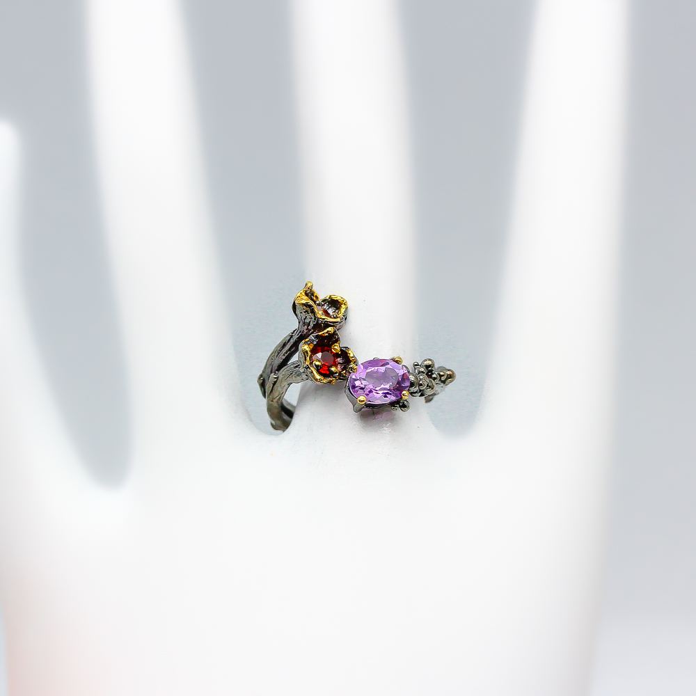 Inel din argint 925 cu ametist si granat, 7.5, reglabil - imagine 3