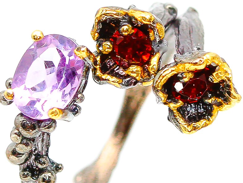 Inel din argint 925 cu ametist si granat, 7.5, reglabil - imagine 2