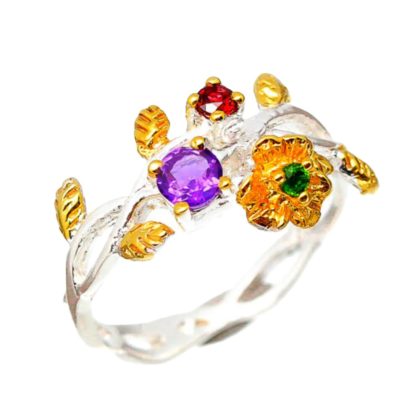 Inel bijuterie infinit din argint 925 cu ametist, granat si crom-diopsid, 7